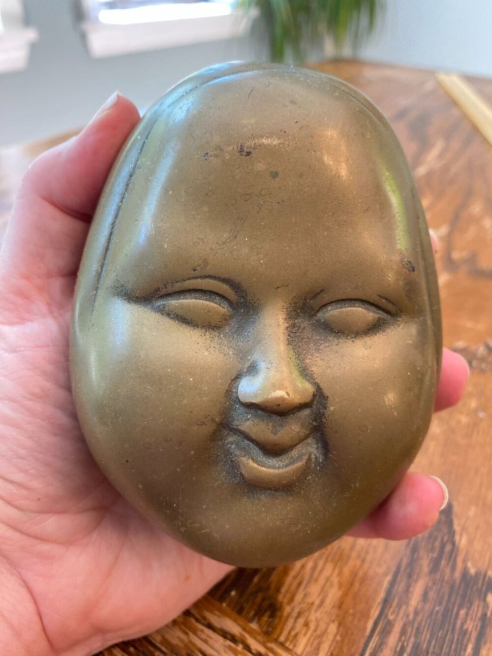 Vintage Unique Brass Odd Happy Face-Shaped Trinket Box